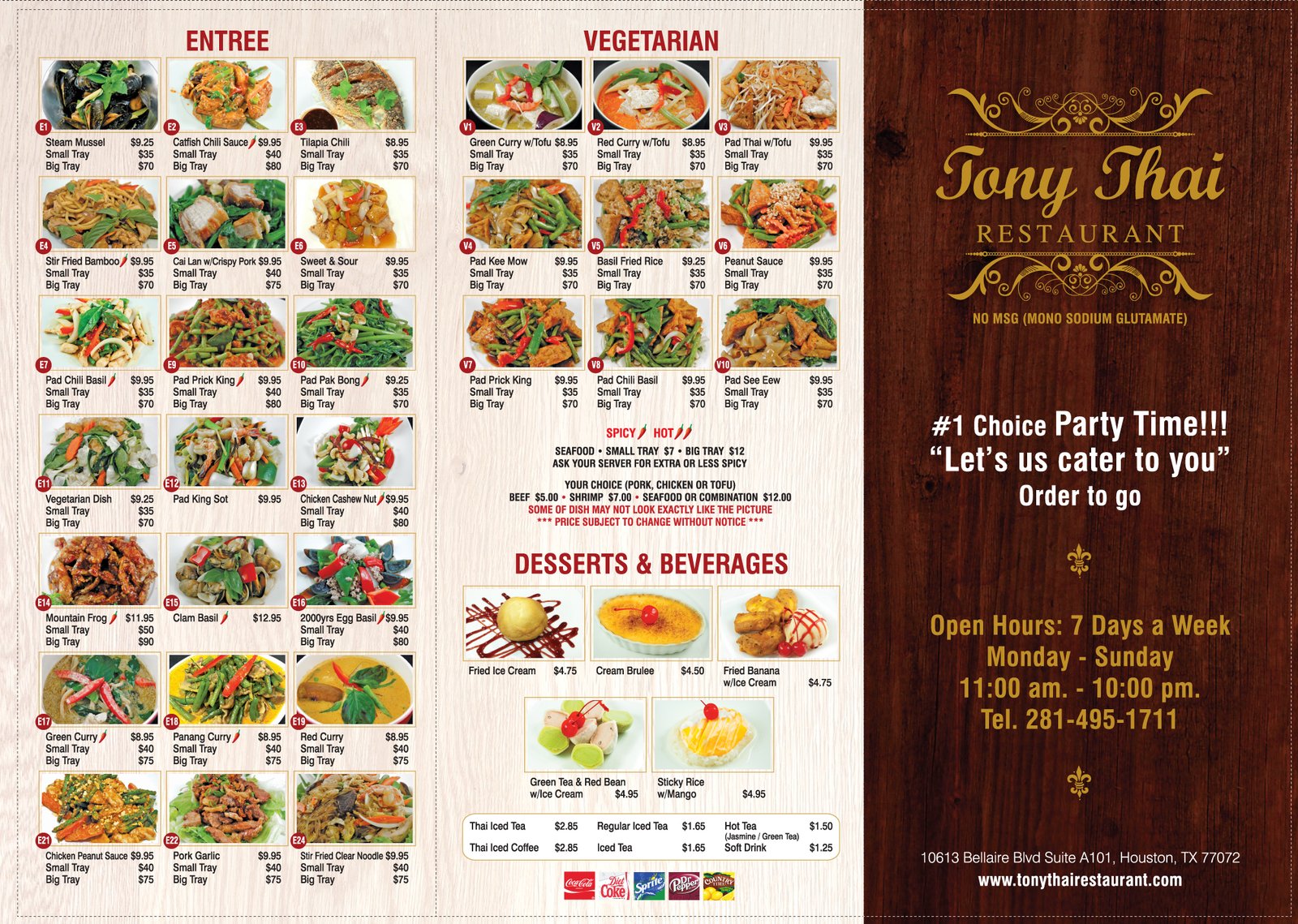 Tony Thai Restaurant Catering Menu